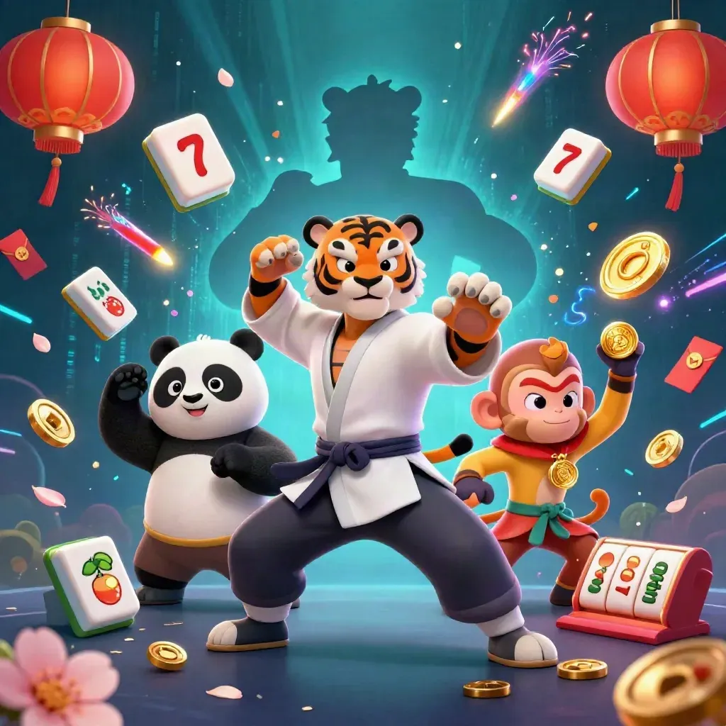 Tiger, Panda und Affe in Kampfpose, umgeben von Mahjong, Münzen, Laternen und Casino-Effekten.