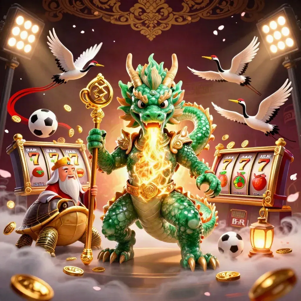 Grüner Jadedrache mit Schildkrötenweiser, Kranichen und Casino-Glanz auf dunklem Luxus-Hintergrund.