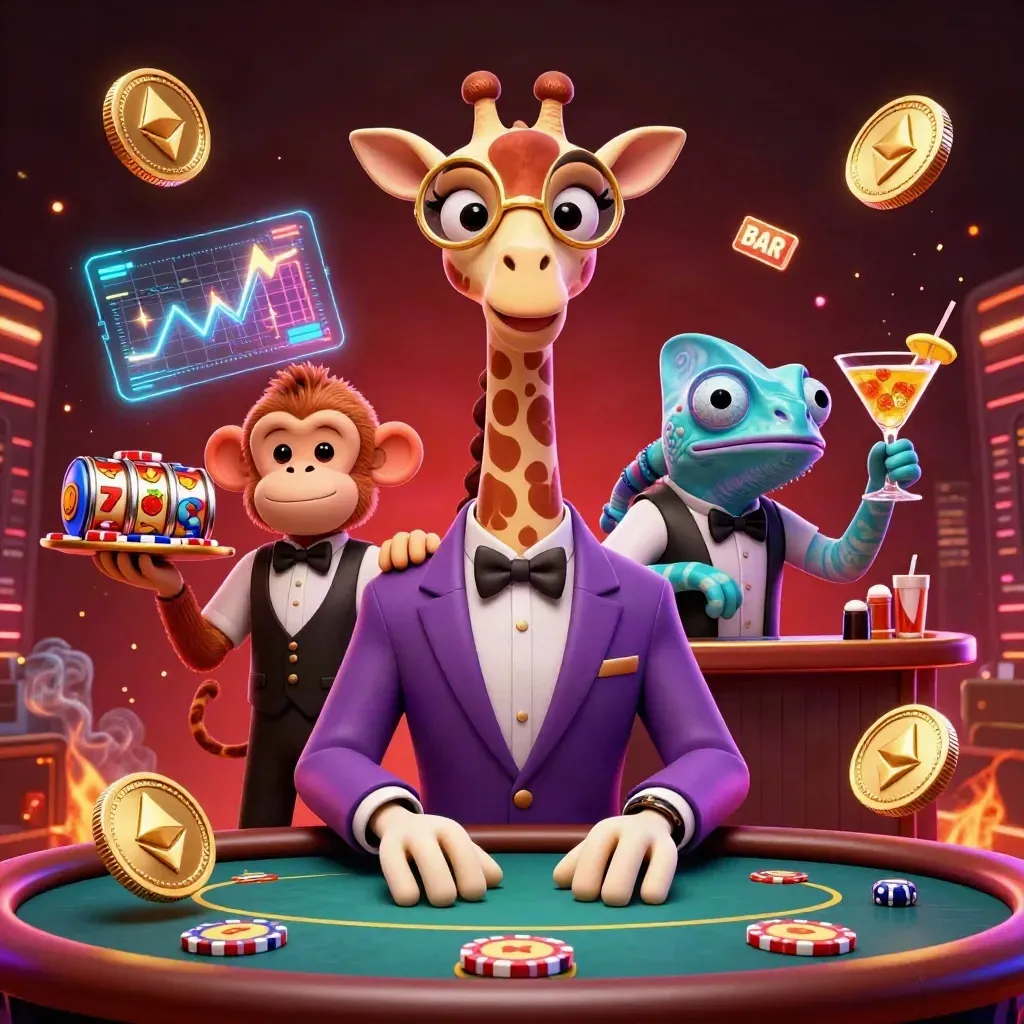Giraffe im Anzug, Affe und Chamäleon am Pokertisch, umgeben von Casino-Glühen.