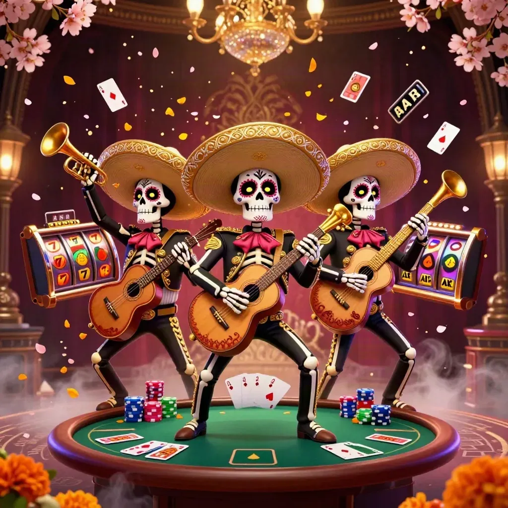 Drei Skelett-Mariachis mit Sombreros in einem glamourösen Casino-Feuerwerk aus Karten und Chips.