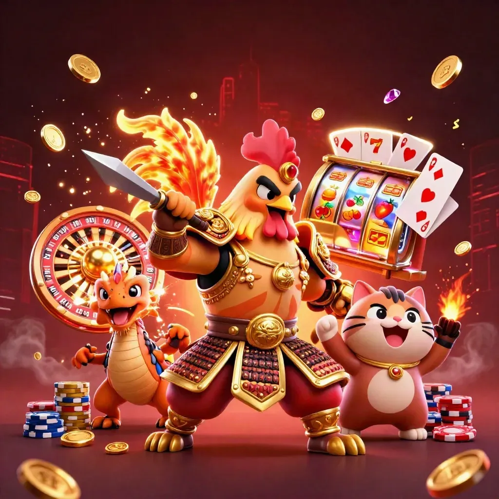 Goldener Hahnenkrieger, Drachenküken und Glückskatze im Casino-Funkenregen.