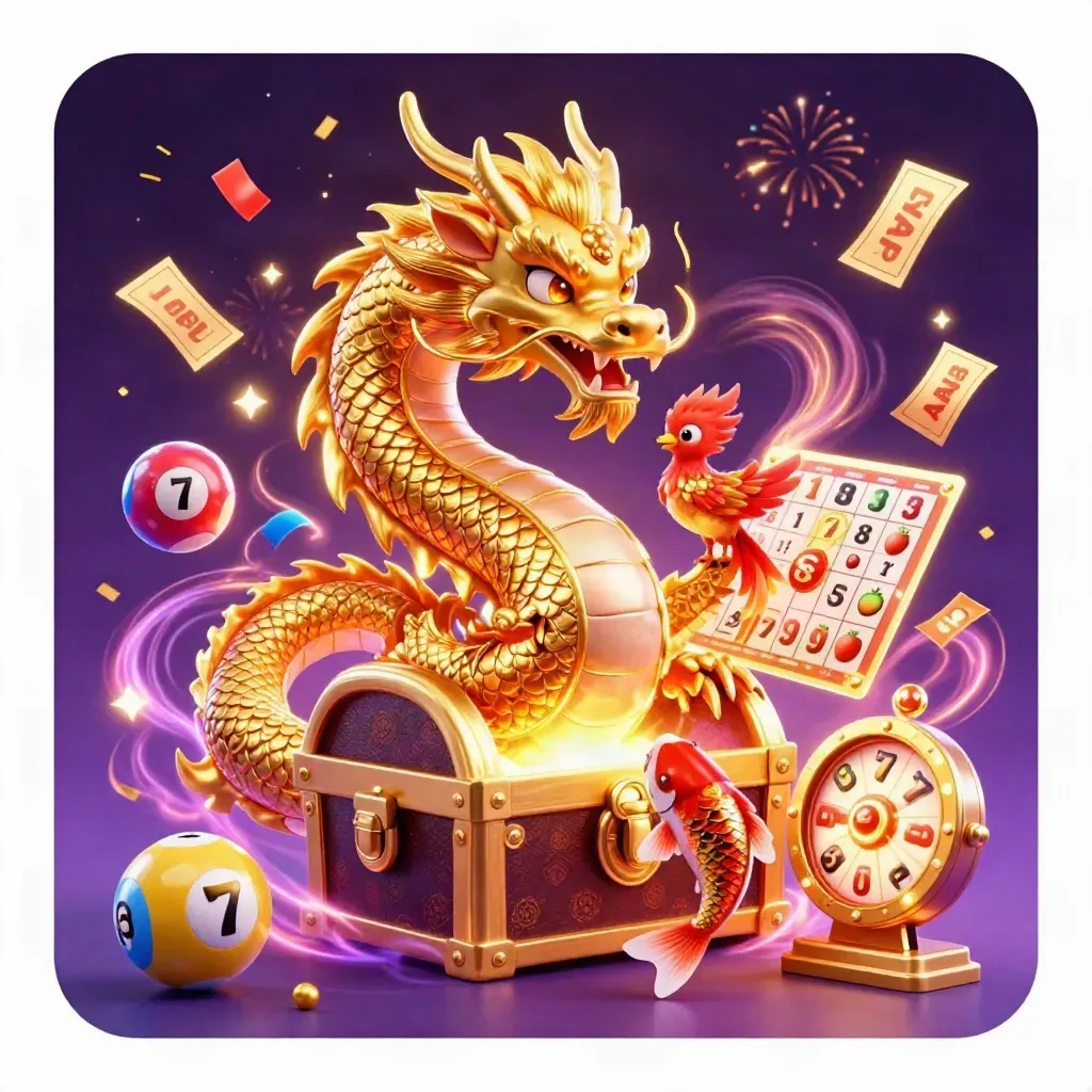 Goldener Drache mit Schatztruhe, Phönix und Glücks-Koi in Neon-Casino-Optik
