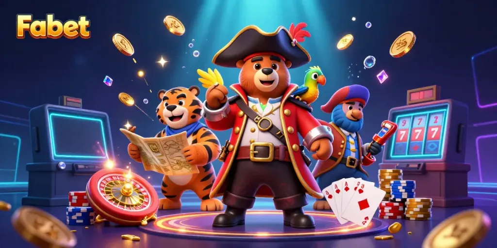 Fabet casino scene showcasing a pirate captain bear, tiger first mate, and golden treasures.