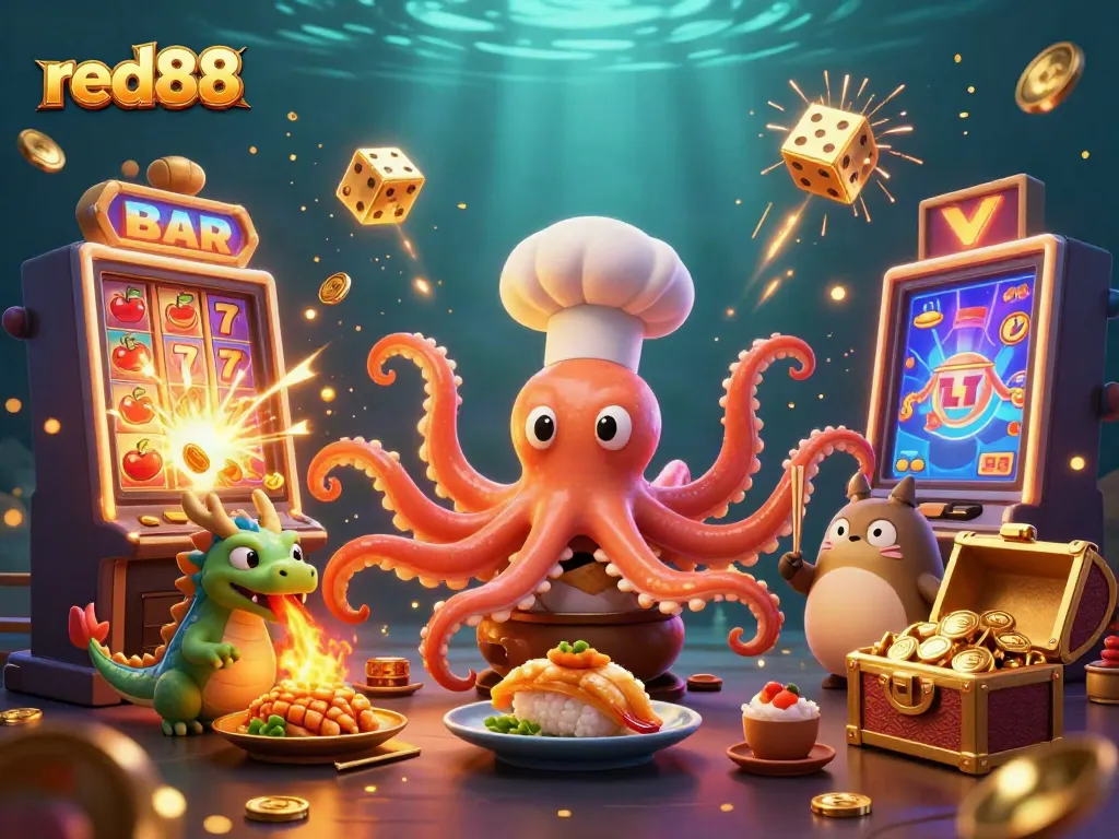 Engage in thrilling gameplay at red88 with slot machines bursting with coins and vivid casino elements.