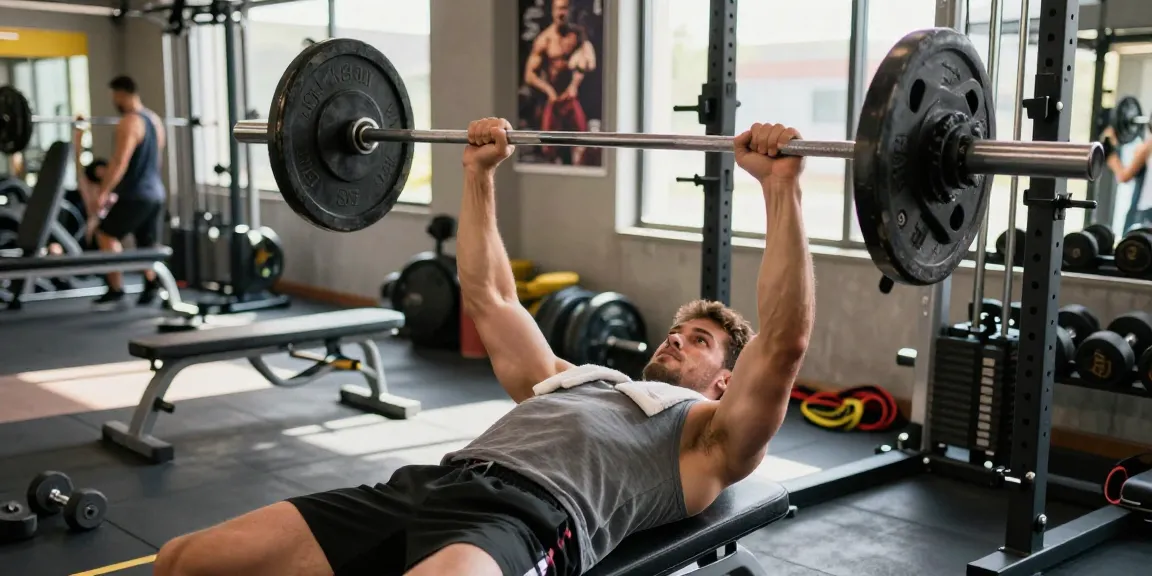 Anabolikashop: Bodybuilder beim Bankdrücken im Fitnessstudio mit verschiedenen Geräten im Hintergrund.