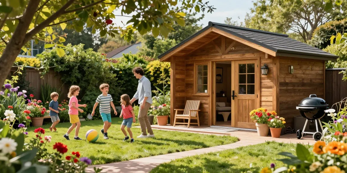Das Gartenhaus von McGarden24, ideal für Familienfeiern im Freien, umgeben von blühenden Pflanzen.