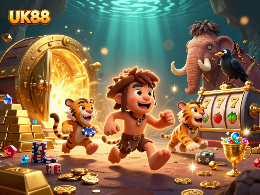 Experience thrilling moments with UK88 in a vibrant prehistoric casino scene filled with treasures.