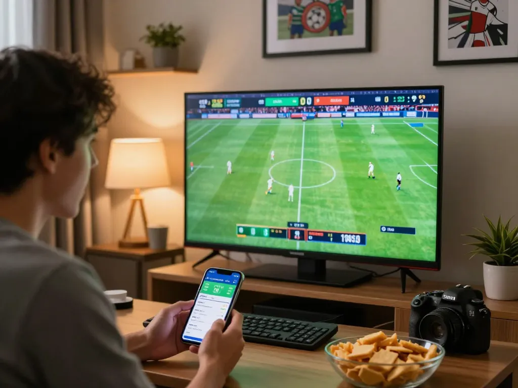 Engaged gambler using trang cá cược bóng đá app to analyze live match odds in a warm, inviting living room setting.