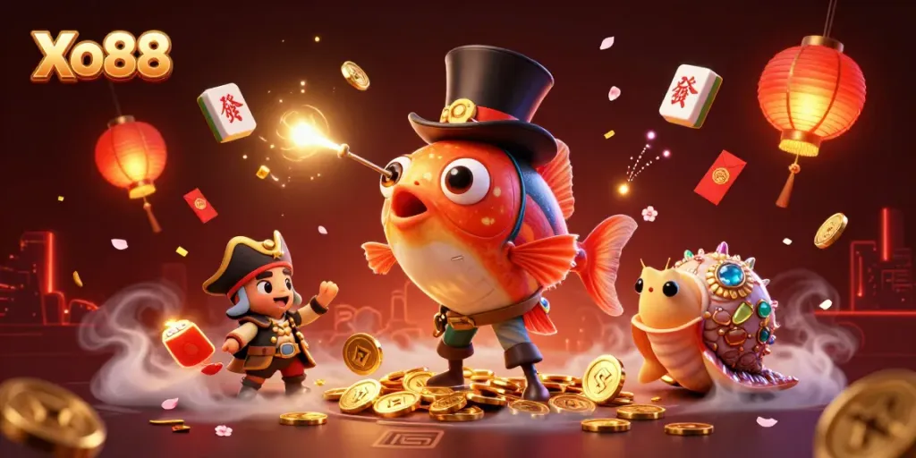 Xo88 showcases a 3D anglerfish attracting golden coins, representing exciting online casino adventures.