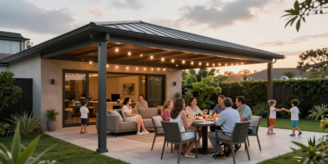 Moderne Terrassenüberdachung mit Familie am Esstisch im Garten.