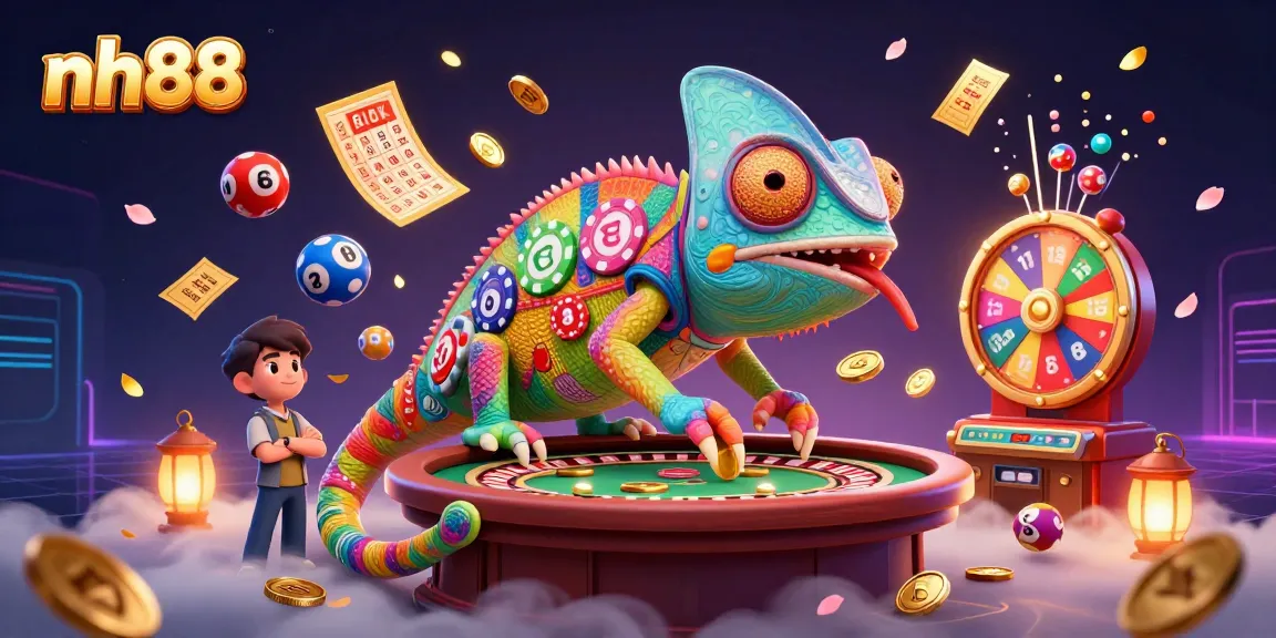 nh88 chameleon casino owner interacts with lively gambling elements, showcasing a vibrant gaming atmosphere.