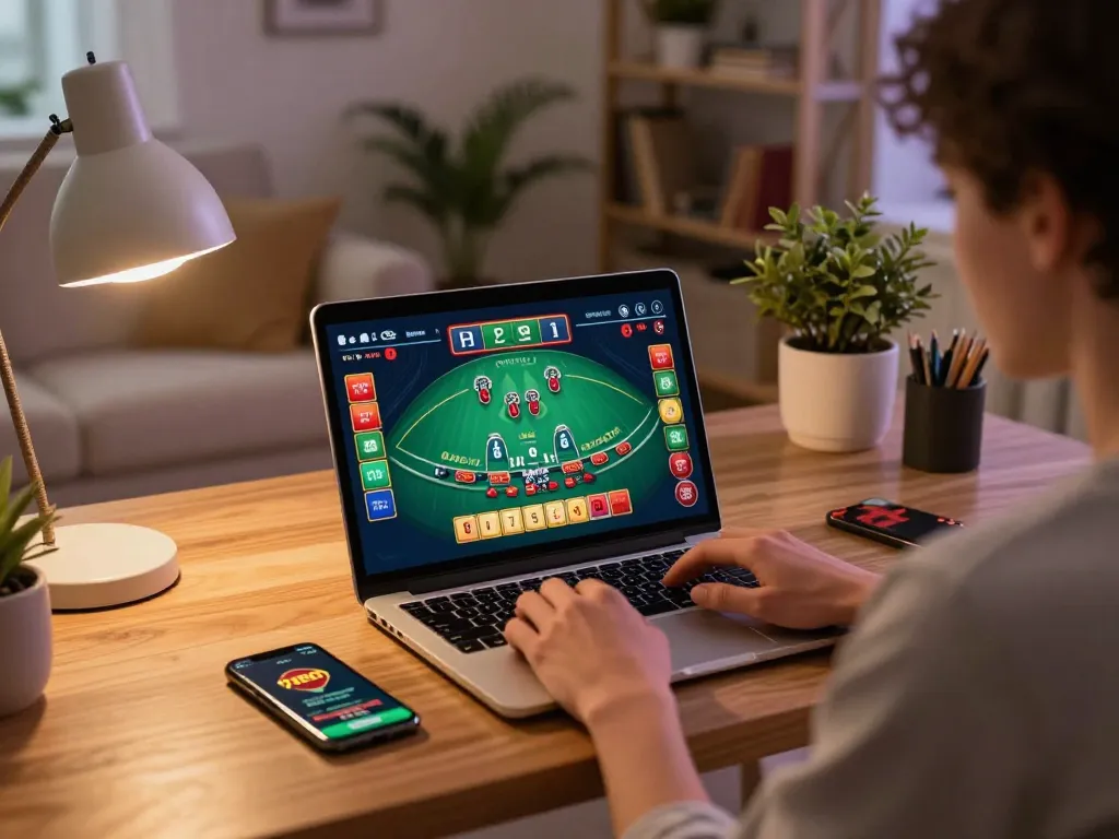 Engaged player using 789bet online casino interface on laptop with cozy home setup