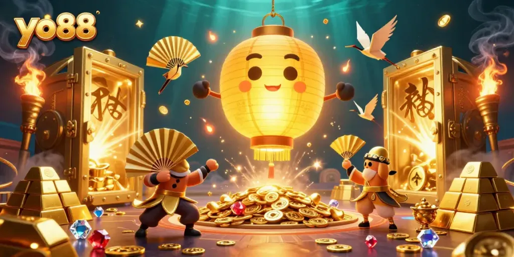 Experience the vibrant casino world of yo88 with dazzling golden elements and dynamic characters.