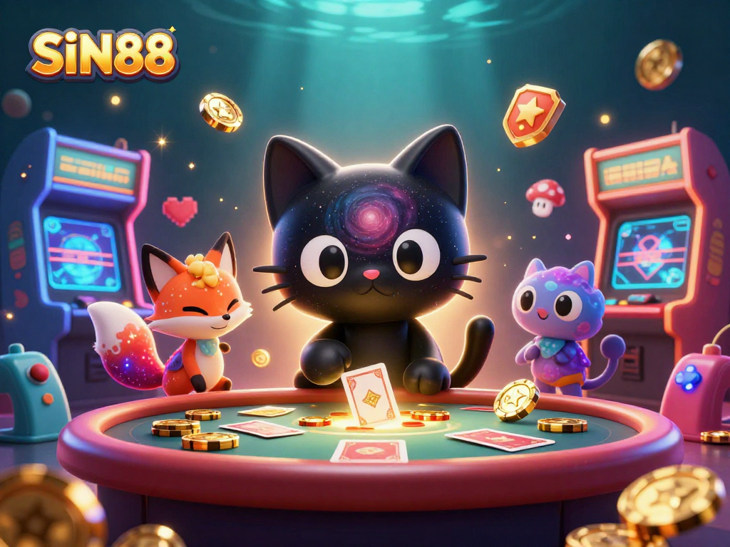 SIN88 engages players with a cosmic casino theme, showcasing vibrant gaming elements and dynamic characters.