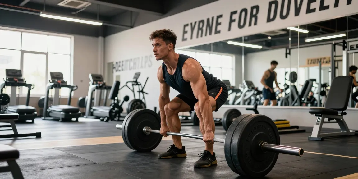 Bodybuilder im Steroidshop beim Krafttraining mit Hanteln.