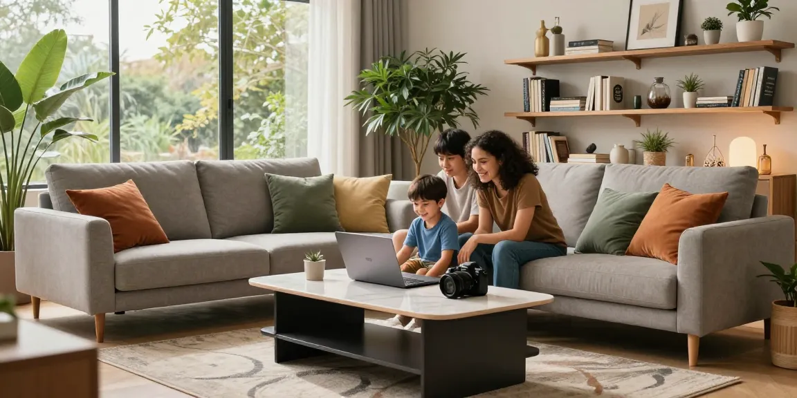 Familie, die in einem stilvollen Wohnzimmer mit modernen Möbeln Optionen zum Möbel Direkt Bestellen durchstöbert.