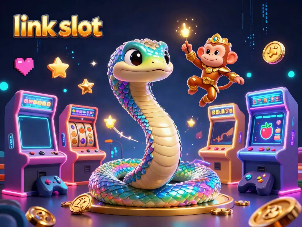 Experience the excitement of link slot games with vibrant characters and casino elements in this 3D illustration.