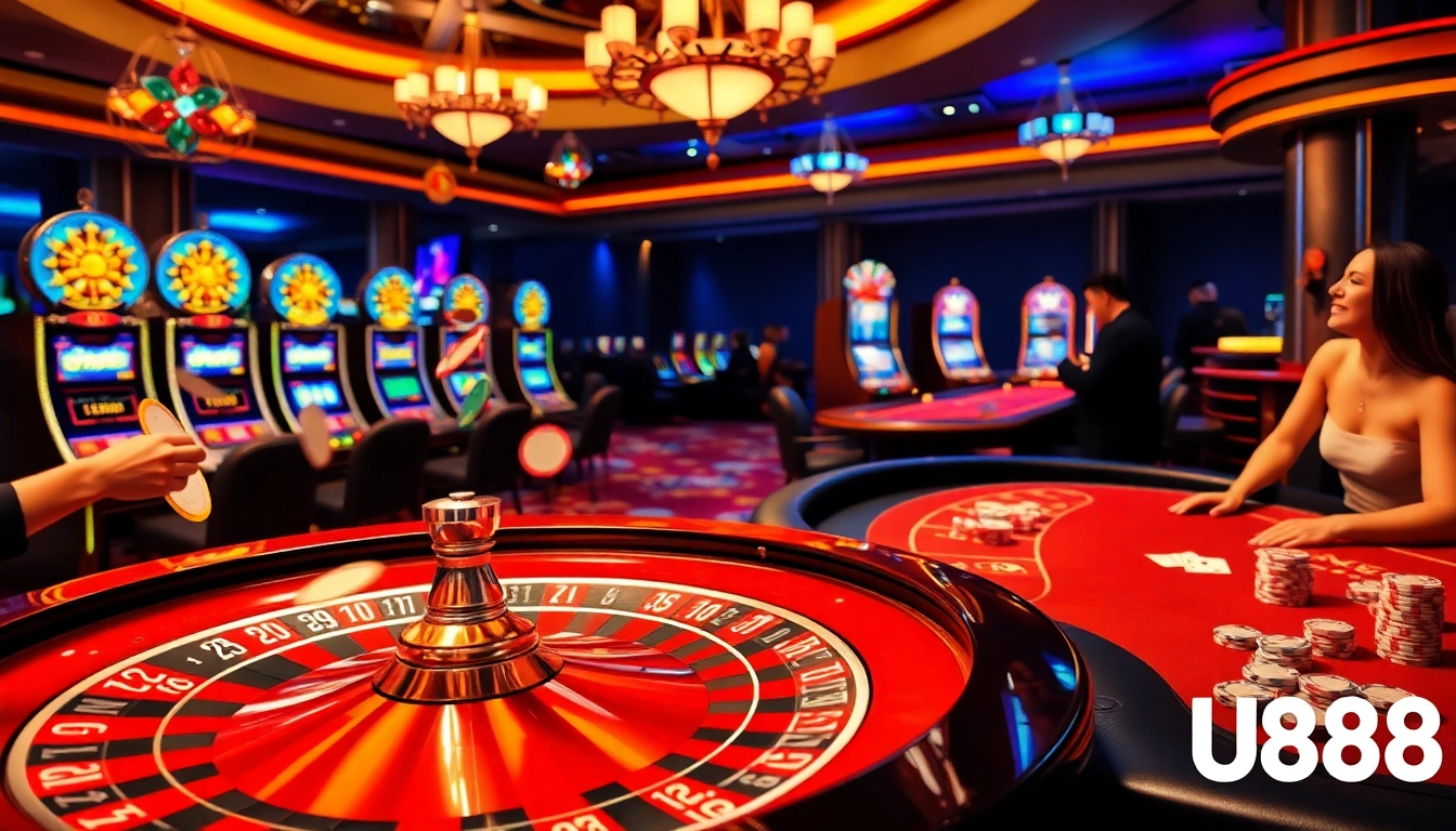 Players engaging with U8888 slot machines and poker tables in a vibrant casino setting.