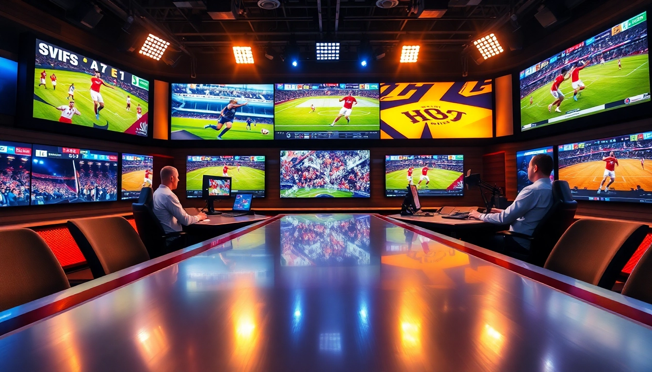 Capture a dynamic moment in Sports Broadcasting featuring engaged presenters in a modern studio.