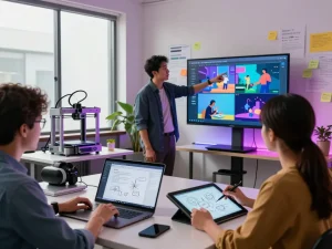 Collaborative workspace with professionals using Kling AI 2.9 for multimedia projects, showcasing innovation and creativity.