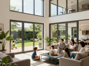 Schüco-Fenster, die das Design und die Energieeffizienz eines modernen Hauses verbessern, während eine Familie das natürliche Licht genießt.