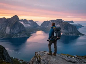 Beeindruckende Szene eines Reisenden auf den Lofoten, der Urlaub in Skandinavien mit dramatischem Sonnenuntergang und Fjorden genießt.