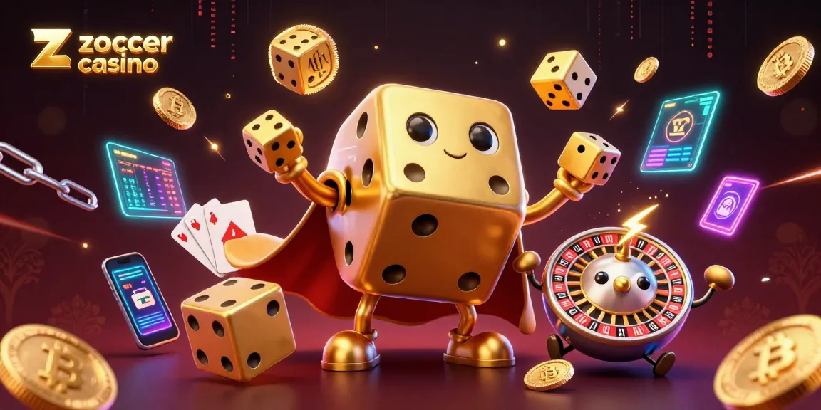 Zoccer Casino's dynamic 3D illustration showcases vibrant characters and cryptocurrency elements, capturing online gaming excitement.
