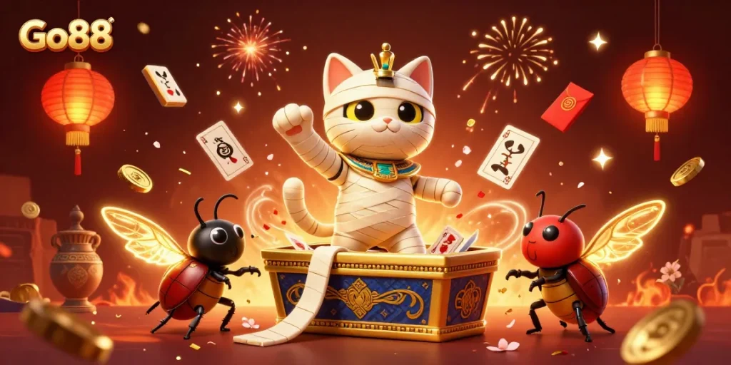 Engage with Go88's vibrant gaming scene featuring a mummy cat and treasures!