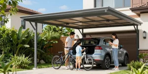 Moderne Carport mit Familie, die Fahrräder ins Auto lädt, im sonnigen Wohngebiet.