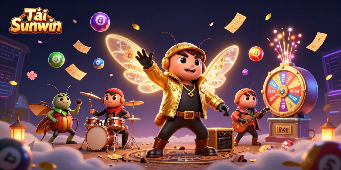 Tải Sunwin as a vibrant 3D cartoon illustration featuring a rock star cicada, beetle drummer, and lively casino elements