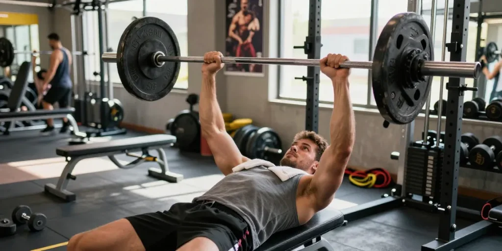 Anabolikashop: Bodybuilder beim Bankdrücken im Fitnessstudio mit verschiedenen Geräten im Hintergrund.