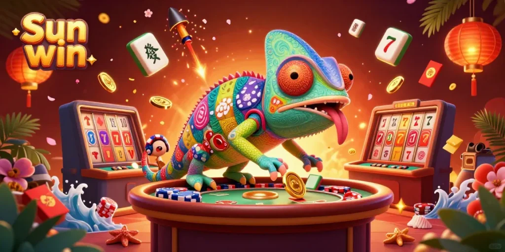Experience the excitement of Sun win with a colorful chameleon casino owner amidst vibrant game elements.