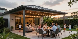 Moderne Terrassenüberdachung mit Familie am Esstisch im Garten.