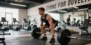 Bodybuilder im Steroidshop beim Krafttraining mit Hanteln.