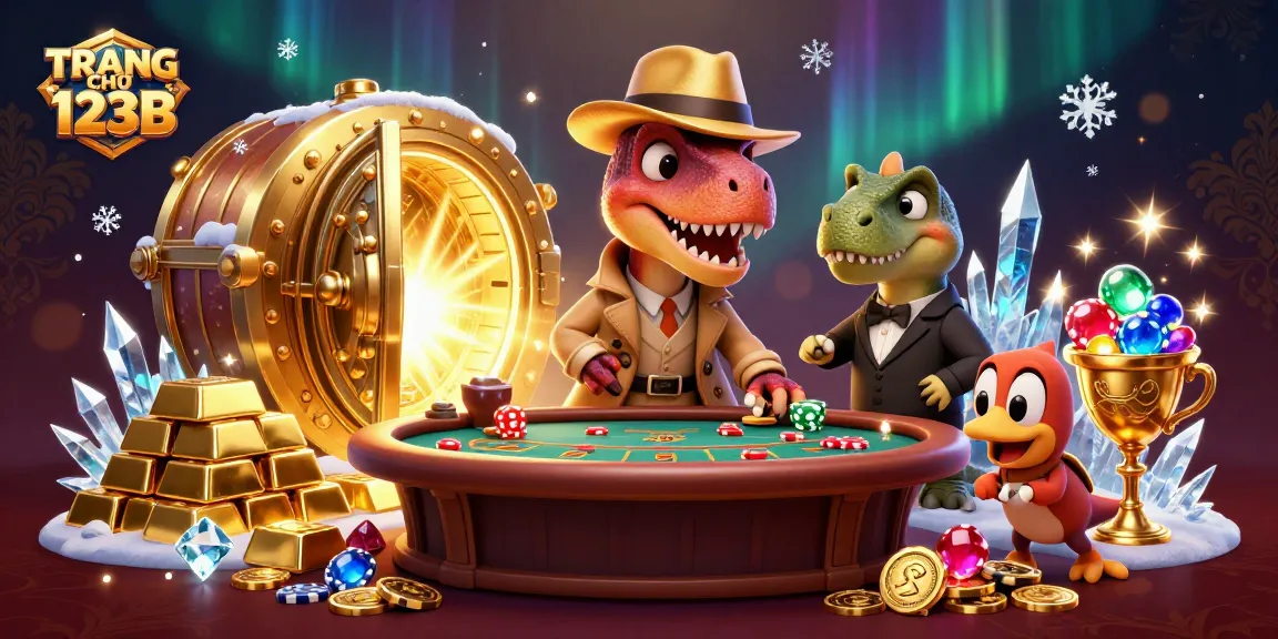 Engage in excitement at TRANG CHỦ 123B with a quirky velociraptor at a blackjack table amid treasures.
