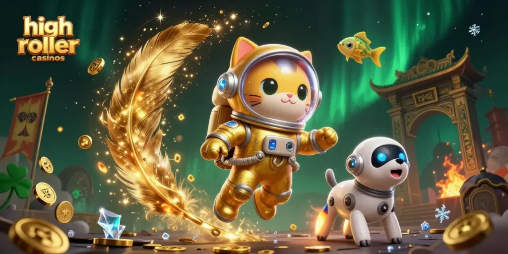 Experience high roller casinos with a whimsical 3D scene showcasing a space cat and robot dog amidst golden gaming elements.